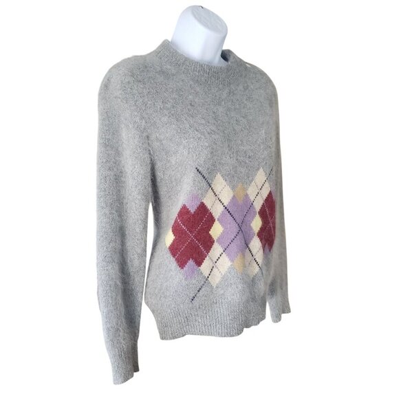 Vintage 1980 Filene's SM Lambswool Angora Argyle Sweater Shoulder Buttons Preppy - Picture 7 of 13